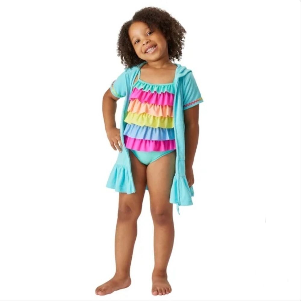 Flapdoodles 2T Rainbow Ruffle 2-piece Swim Set UPF Swimsuit + Coverup Dress NWT - Picture 2 of 8